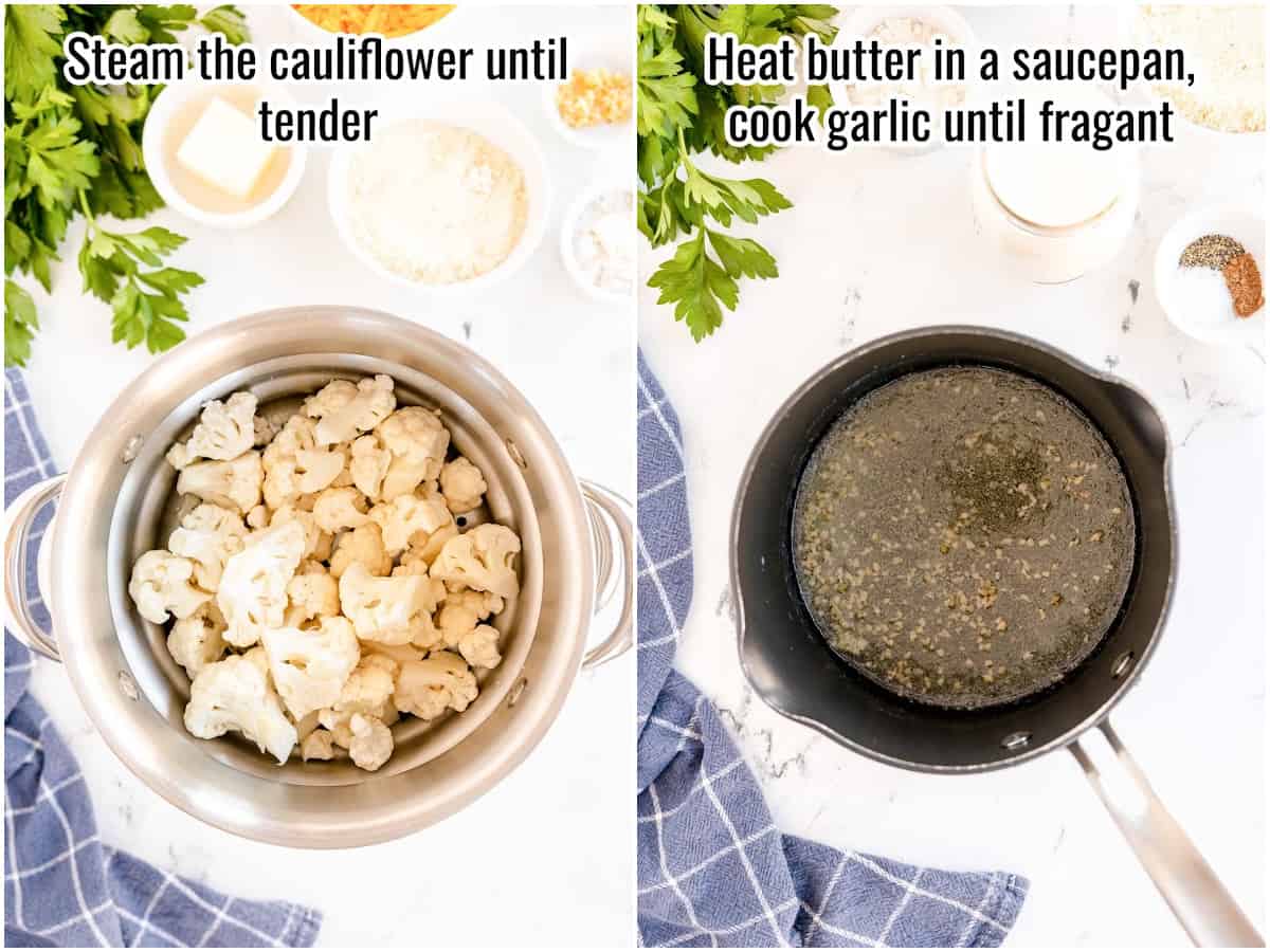 Two pictures showing how to make cauliflower au gratin -steaming cauliflower and cooking garlic. 