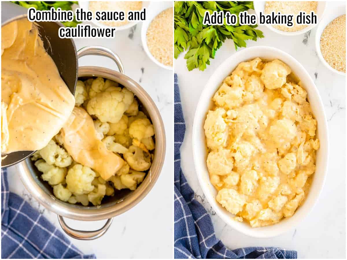 Two pictures showing how to make cauliflower au gratin - adding cauliflower and sauce together.
