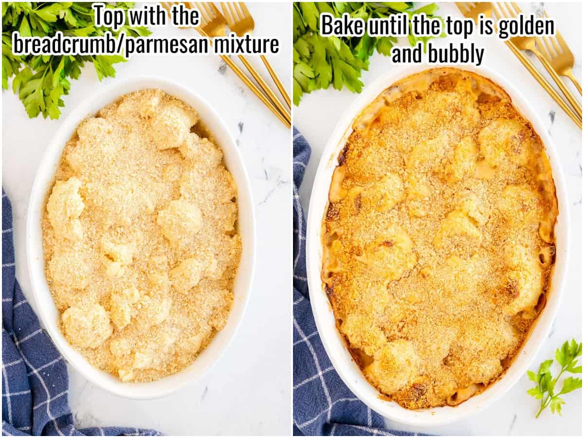 Two pictures showing how to make cauliflower au gratin - topping and baking.