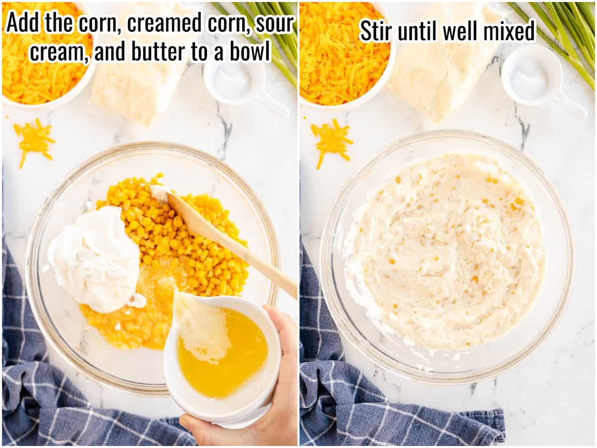 two pictures showing steps 1 and 2 for making corn casserole.