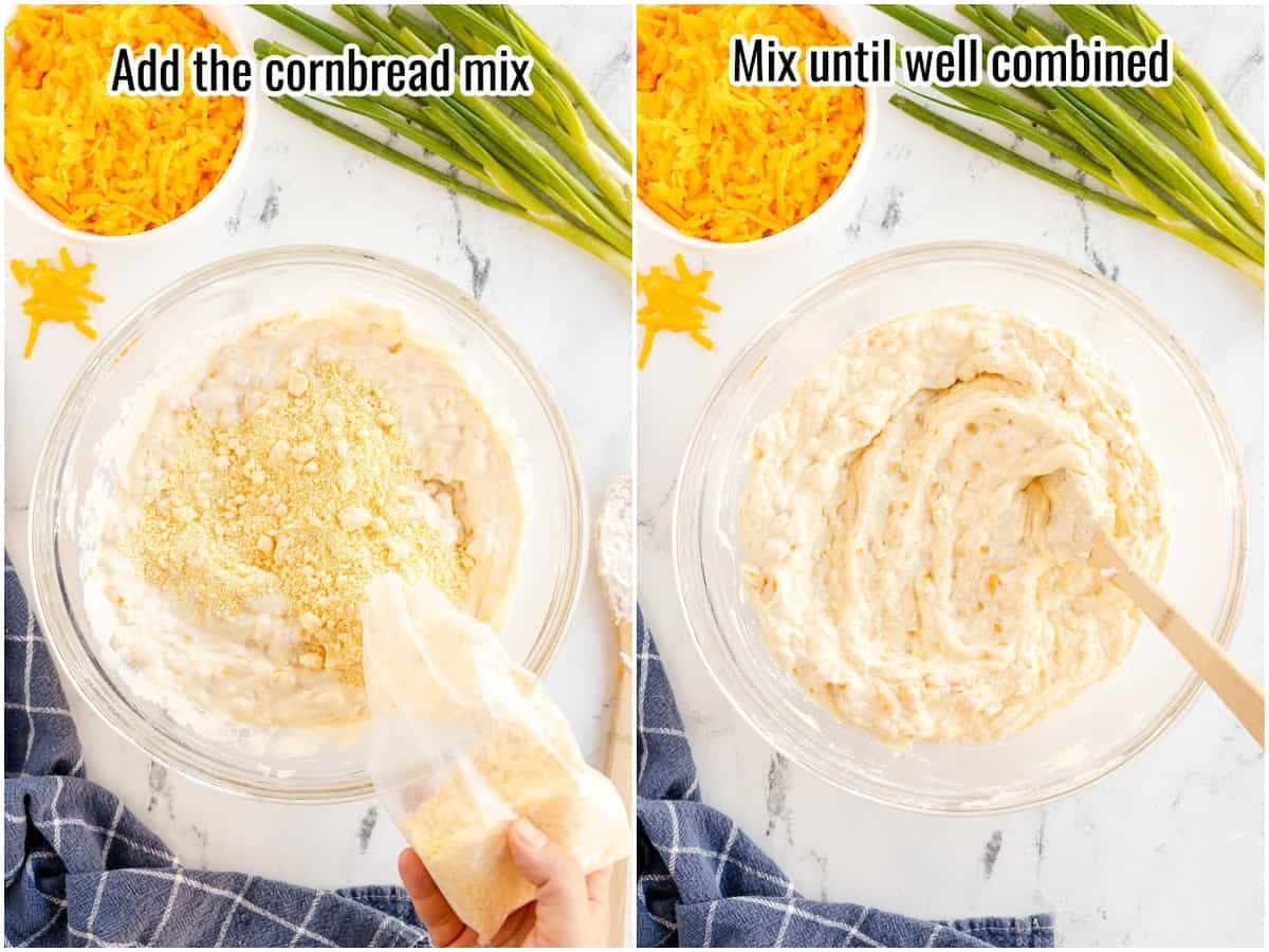 two pictures showing steps 3 and 4 for making corn casserole.