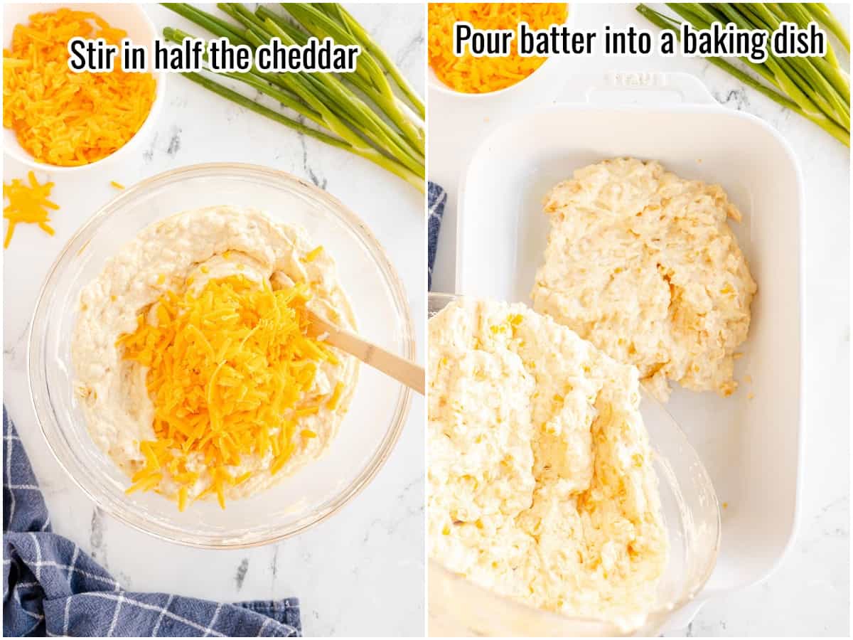 two pictures showing steps 5 and 6 for making corn casserole.