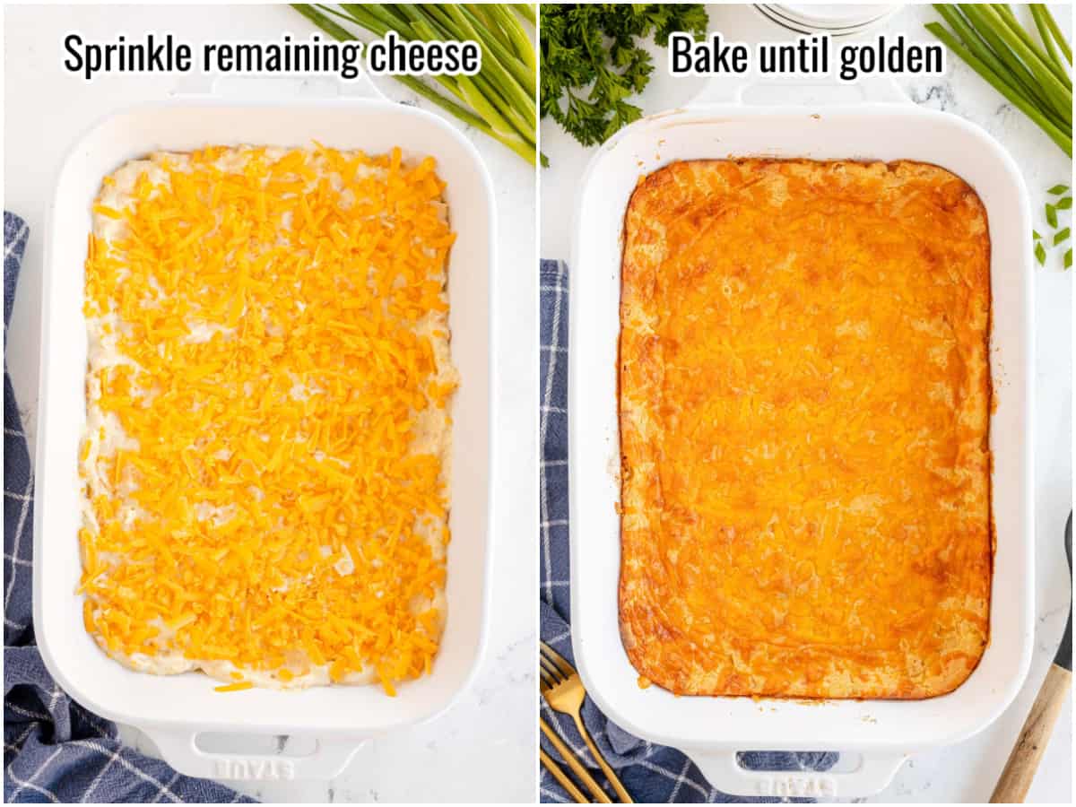 two pictures showing unbaked and baked corn casserole.