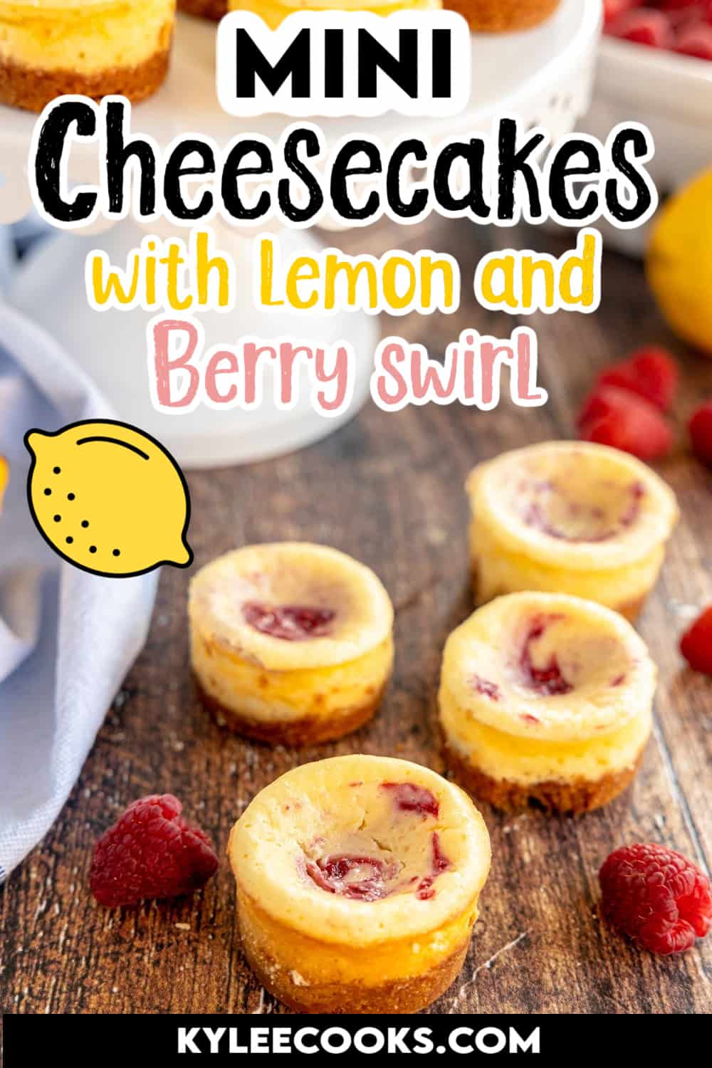 Mini lemon cheesecakes on a wooden board with recipe name and ingredients overlaid in text.
