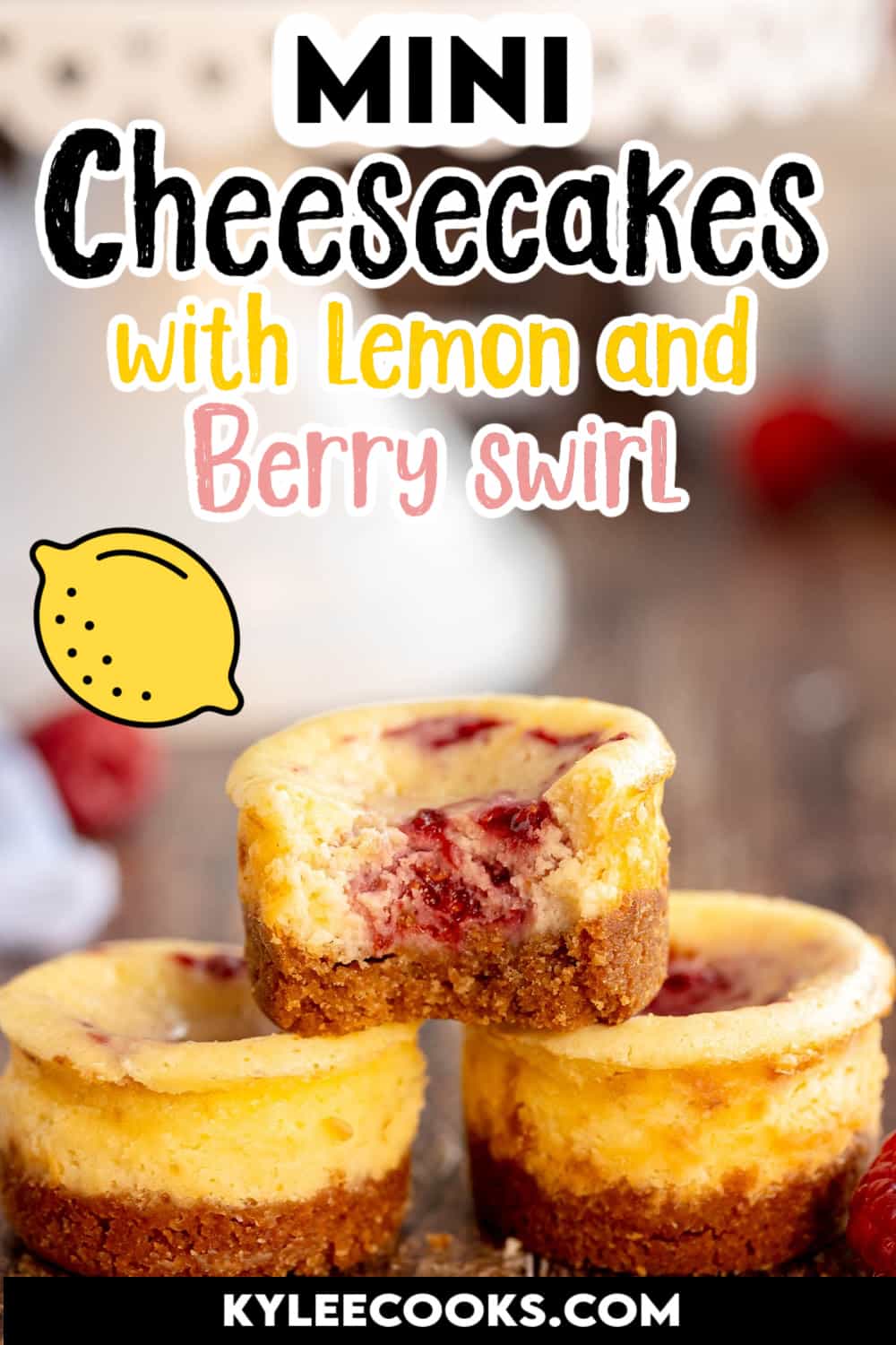 3 mini cheesecakes stacked with recipe name and ingredients overlaid in text.
