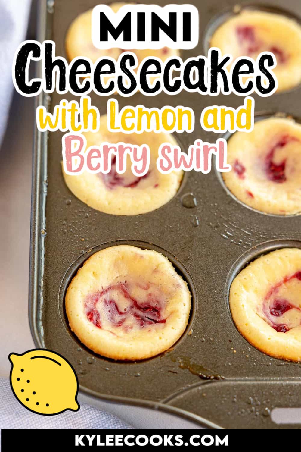Mini cheesecakes in a baking pan with recipe name and ingredients overlaid in text.