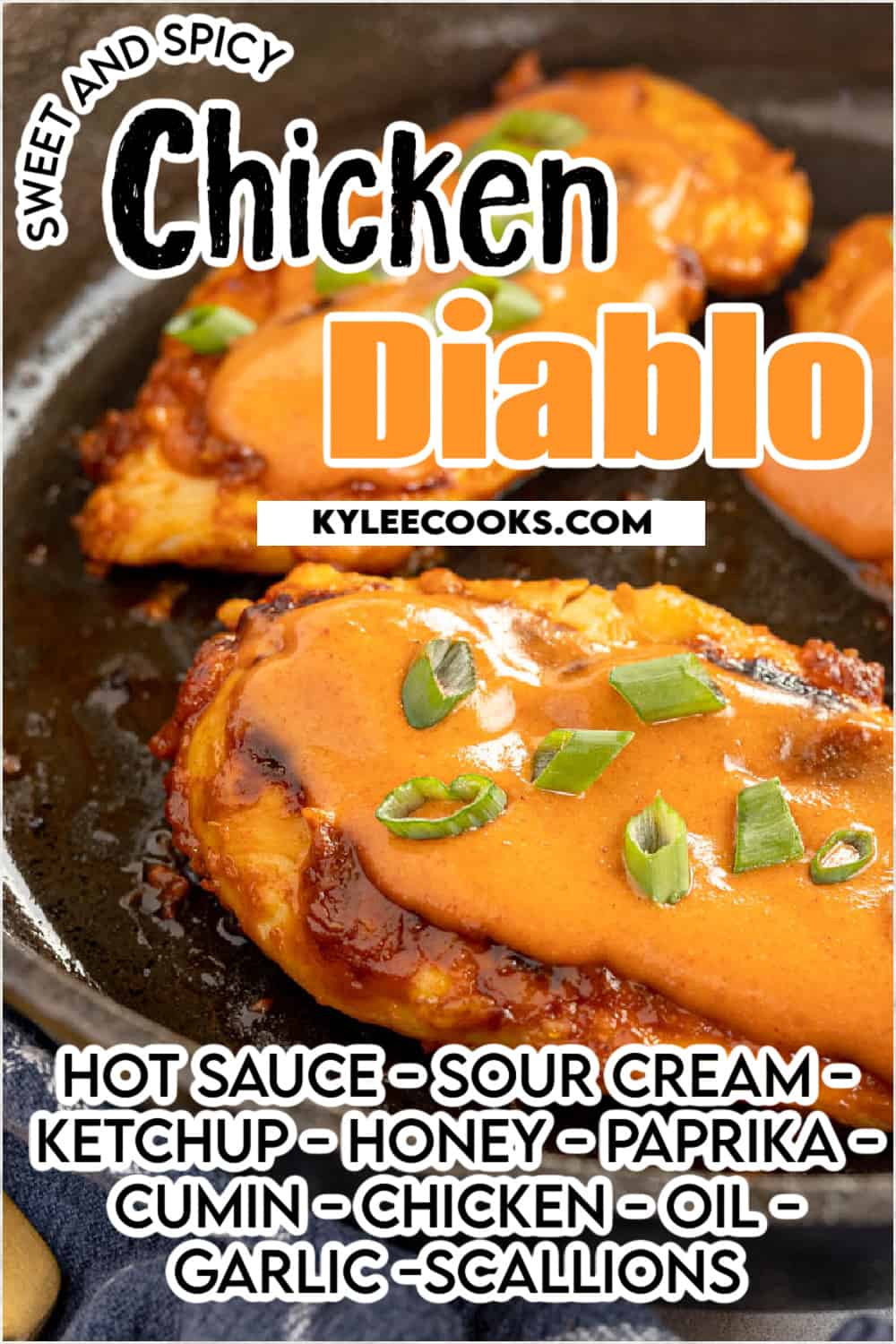 Chicken breasts in a skillet with sauce and green onions with recipe name and ingredients overlaid in text.