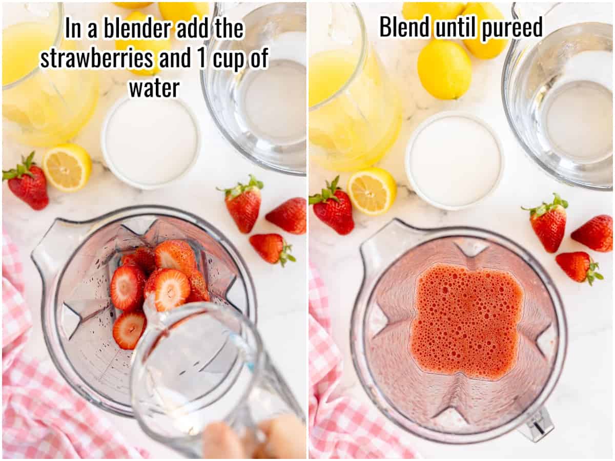Two pictures showing how to make a strawberry puree with strawberries and water.
