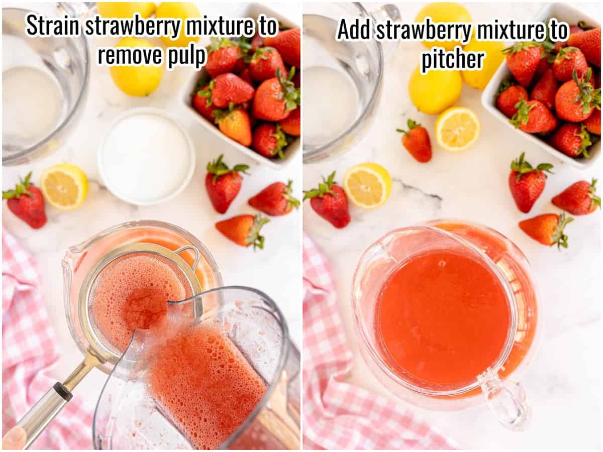 Two pictures showing how to strain strawberry puree for strawberry lemonade.