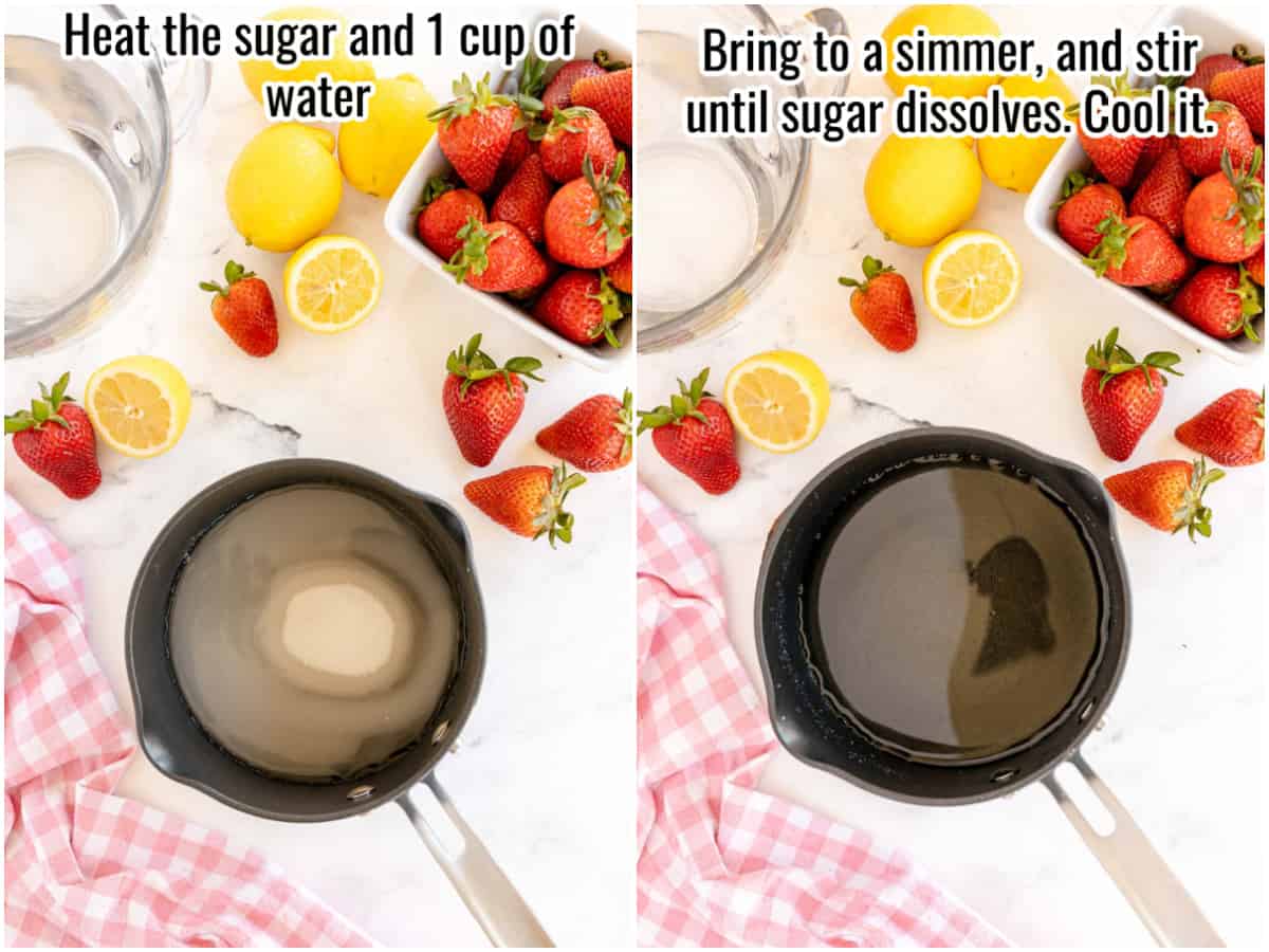 Two pictures of a saucepan making sugar syrup.