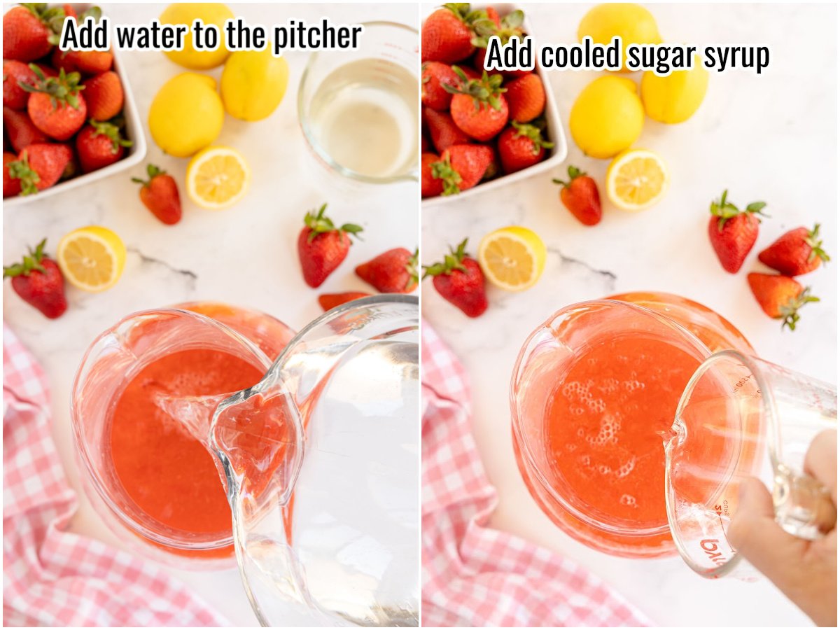 two pictures showing adding water and sugar syrup to a pitcher.