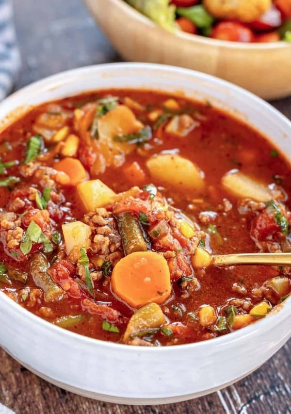 hamburger vegetable soup in a bowl.