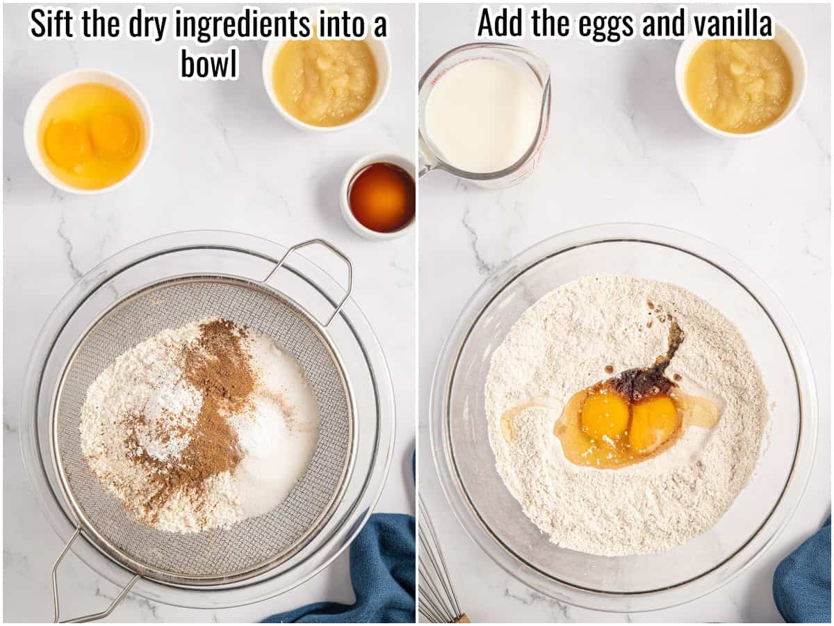 collage of the process for making applesauce pancakes batter - sifting dry ingredients and adding eggs and vanilla.