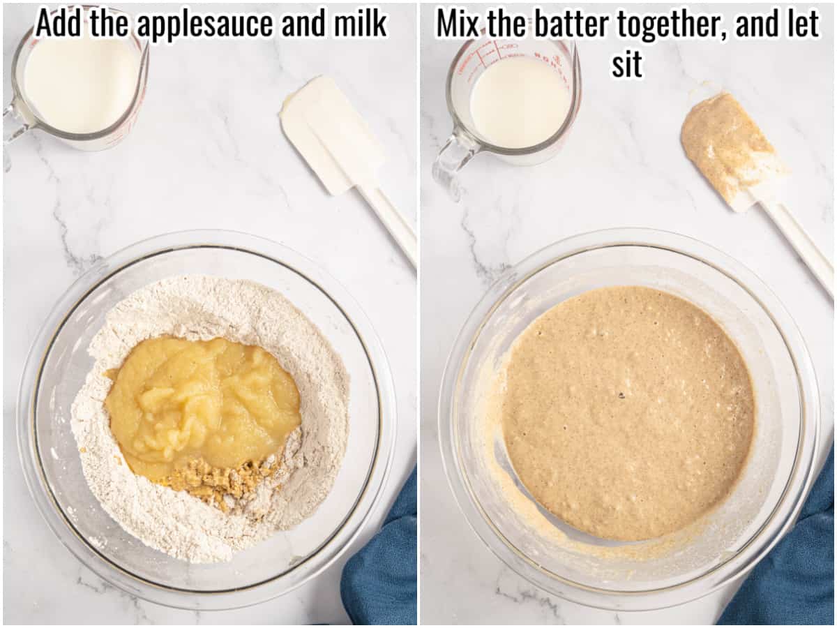 collage of the process for making applesauce pancakes batter - adding applesauce and milk, and mixing the batter.