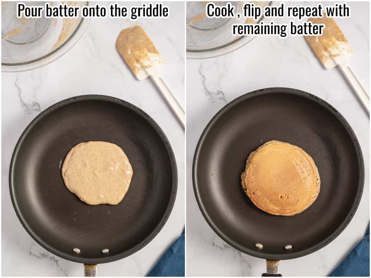 collage of the process for making applesauce pancakes - uncooked and cooked pancakes in a griddle.