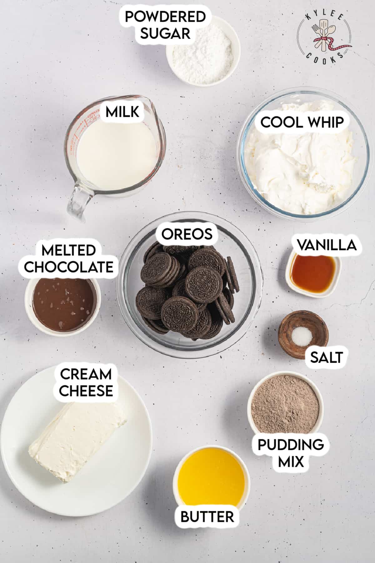 ingredients to make chocolate pie laid out and labeled.
