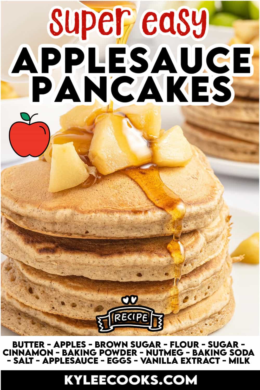 stack of applesauce pancakes with apples and syrup poured over the top.