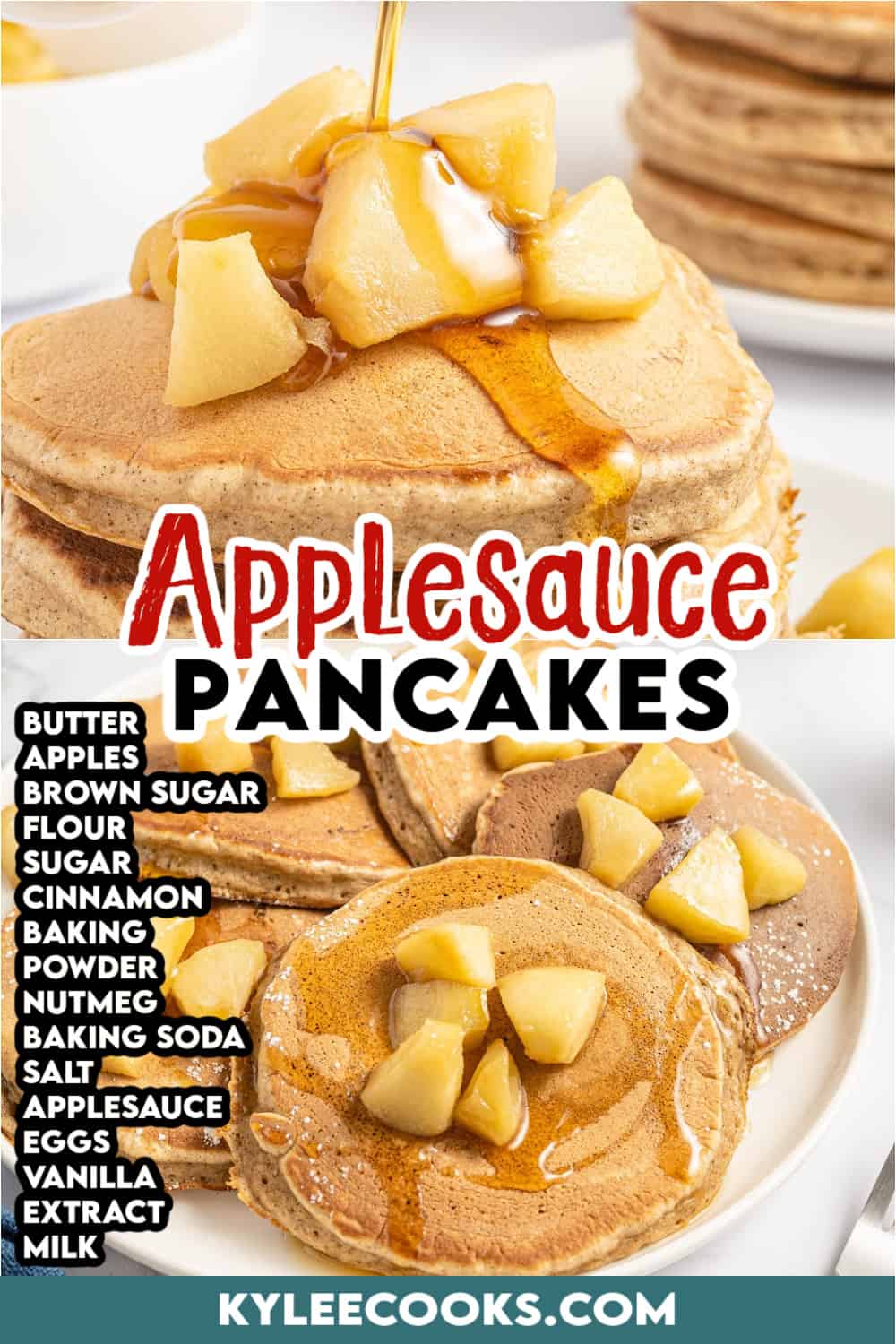 plate of pancakes with apples on top.