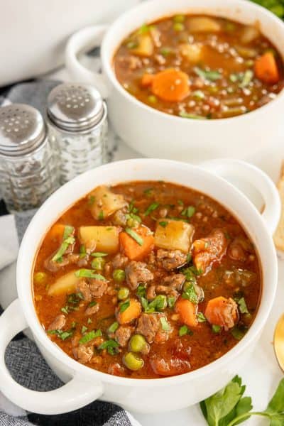 two bowls of beef stew.