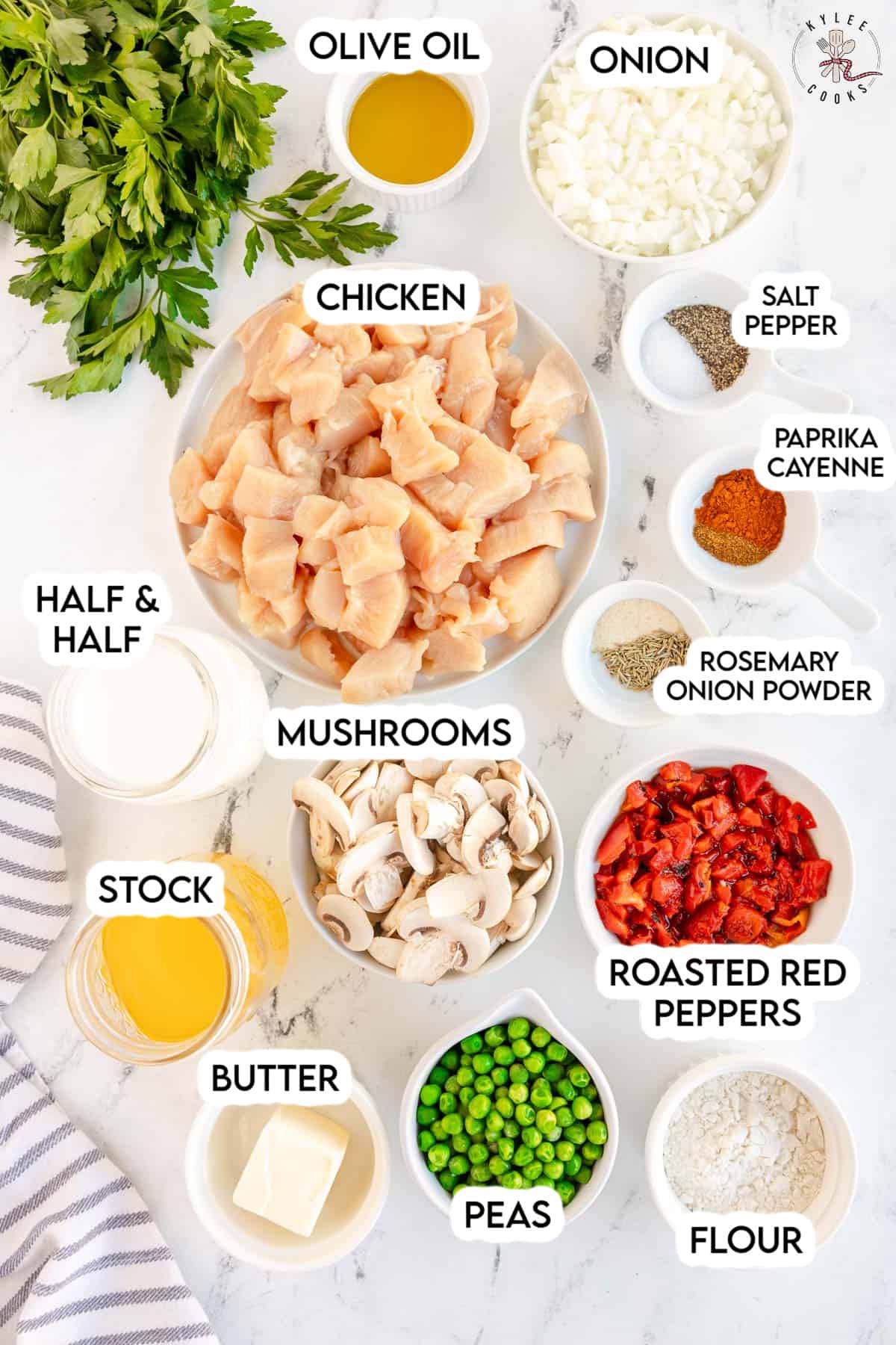 ingredients to make chicken a la king laid out and labeled.