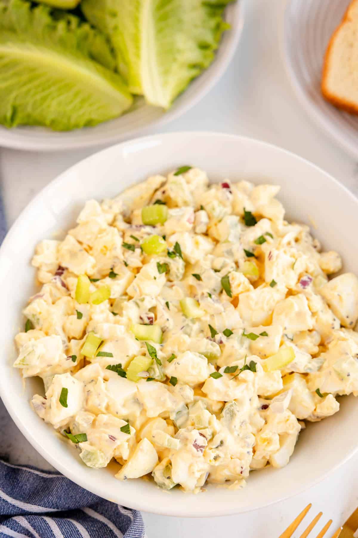 egg salad in a white bowl.