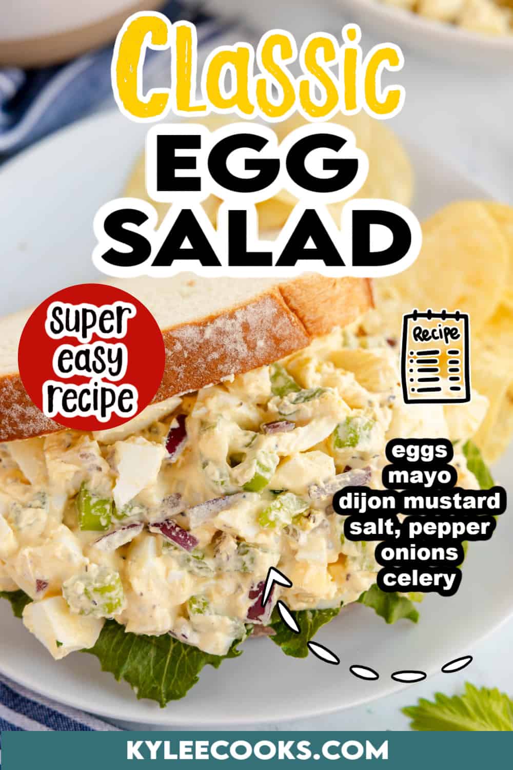 egg salad in a sandwich with lettuce with recipe name and ingredients overlaid in text.