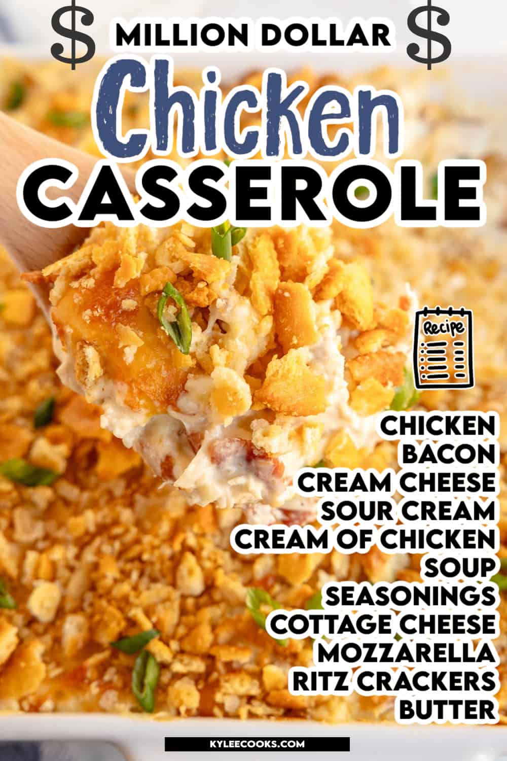 million dollar casserole on a spoon with recipe name overlaid in text.
