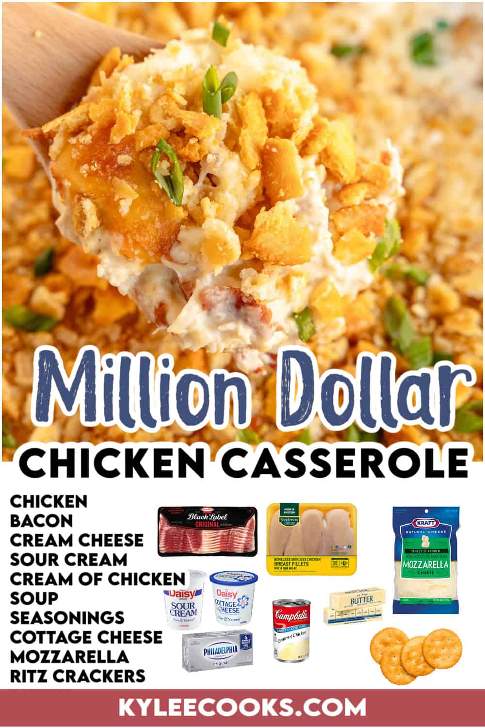 million dollar casserole on a spoon with ingredient images and recipe name and overlaid in text.