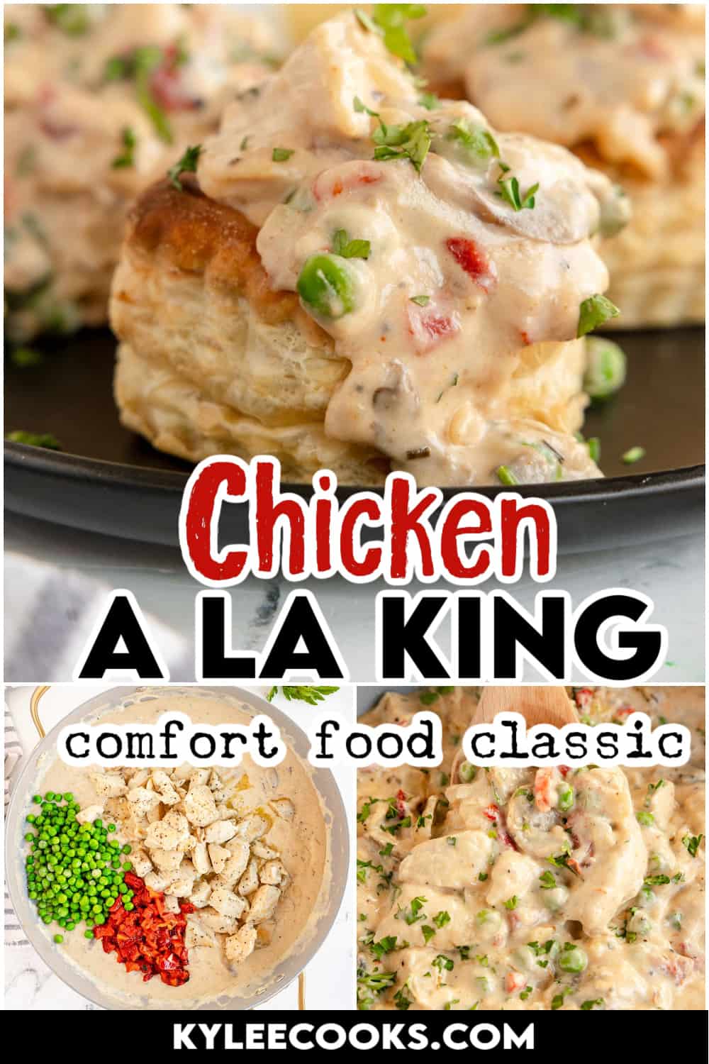 chicken a la king, on a pastry case with recipe name overlaid in text.