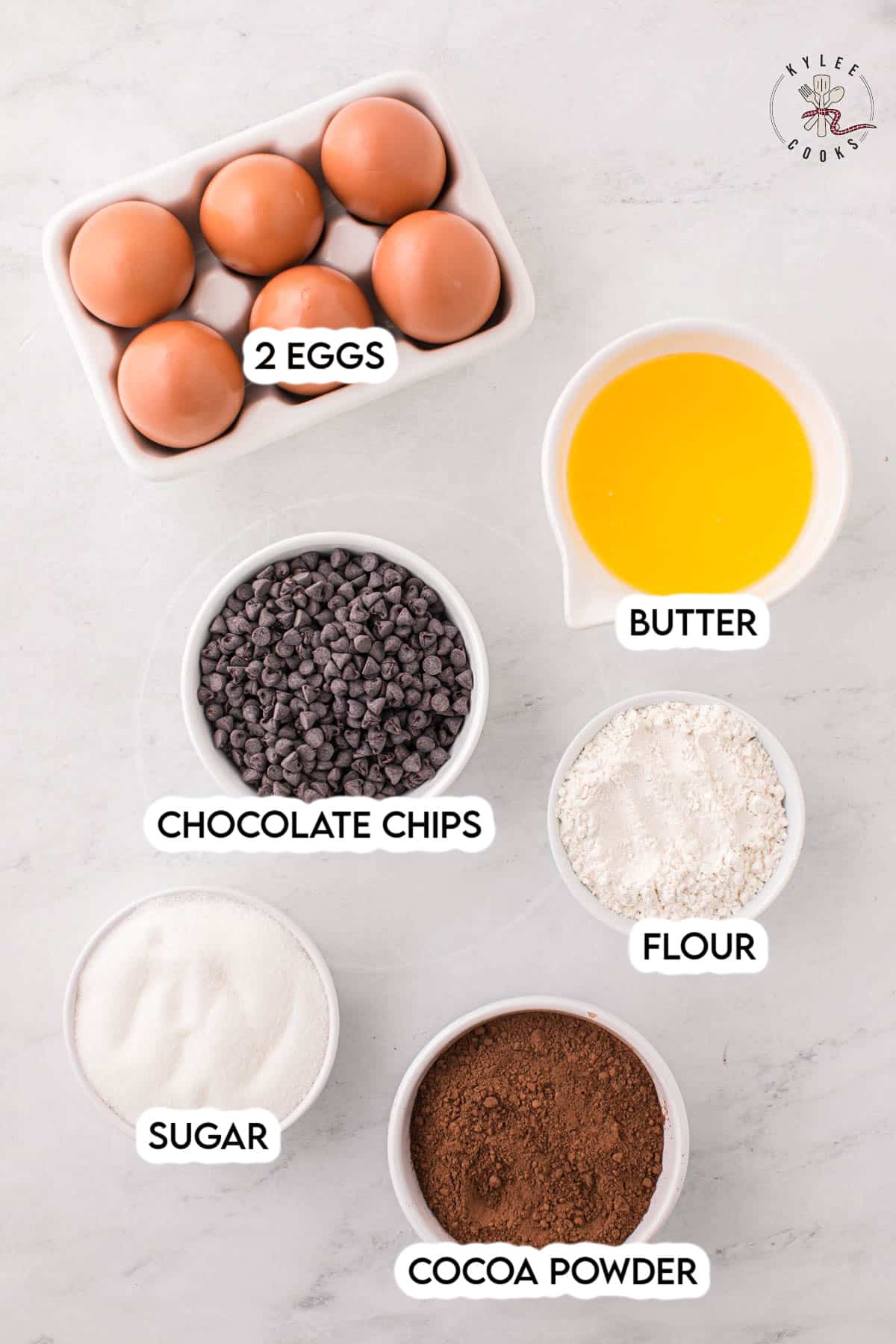ingredients to make brownie bites laid out and labeled.
