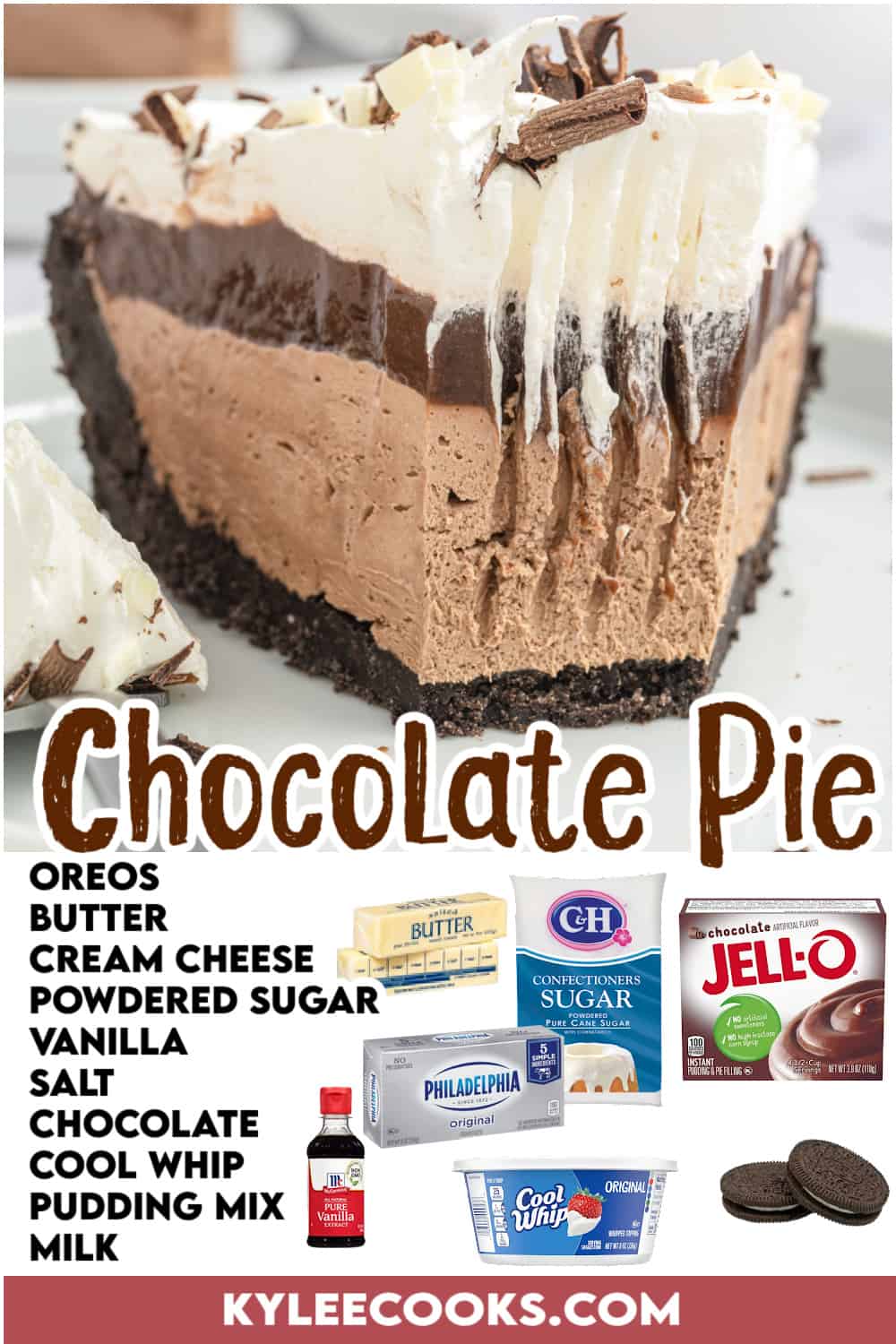 a slice of chocolate pie on a plate with recipe ingredients overlaid in text.