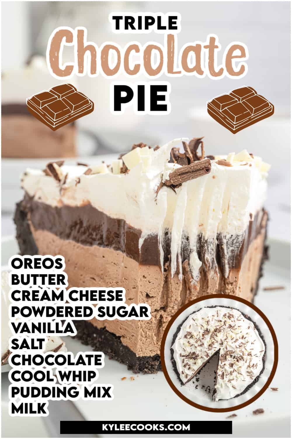 a slice of chocolate pie on a plate with recipe ingredients overlaid in text.
