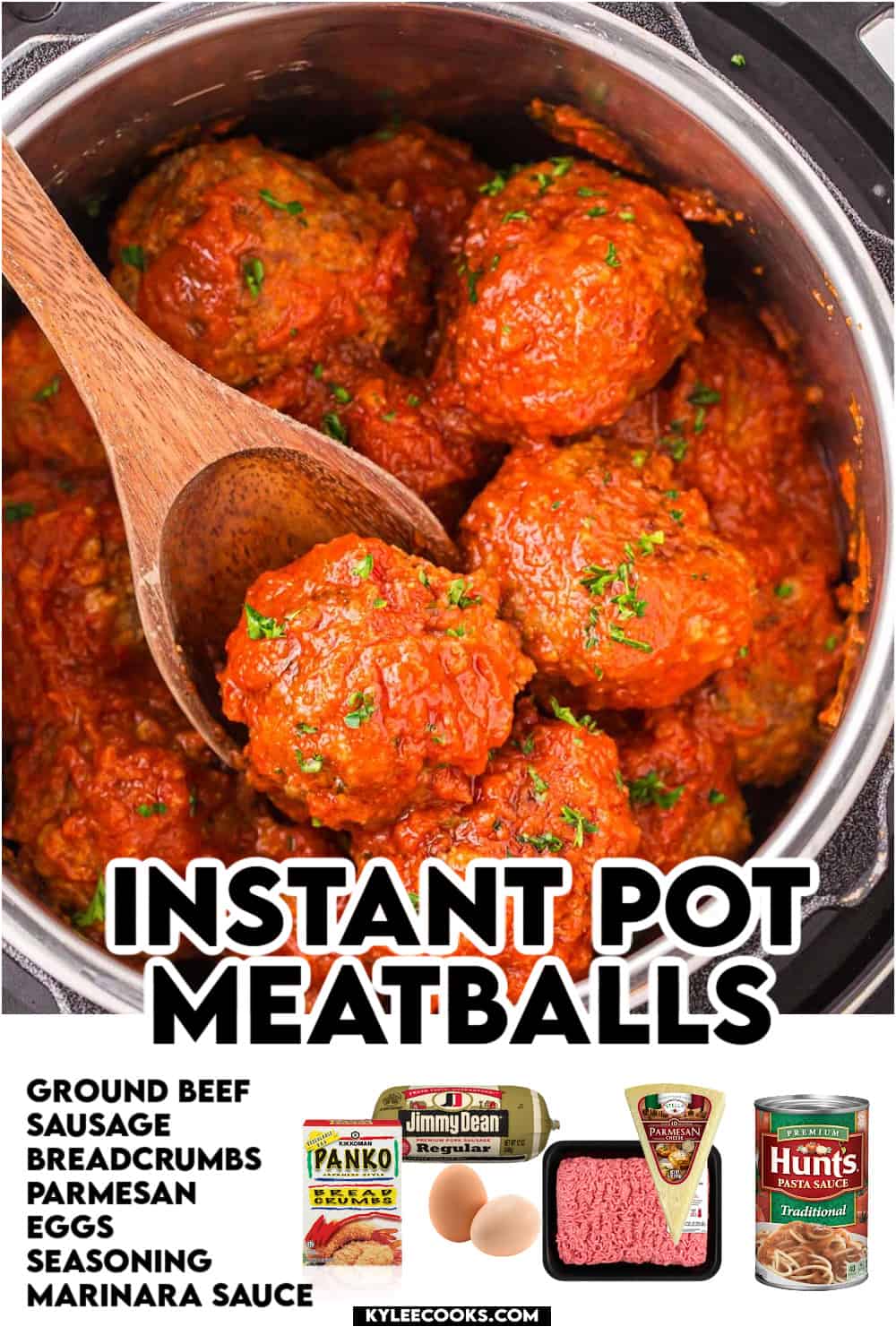 a meatball on a ladle, with recipe name and ingredients overlaid in text and images.