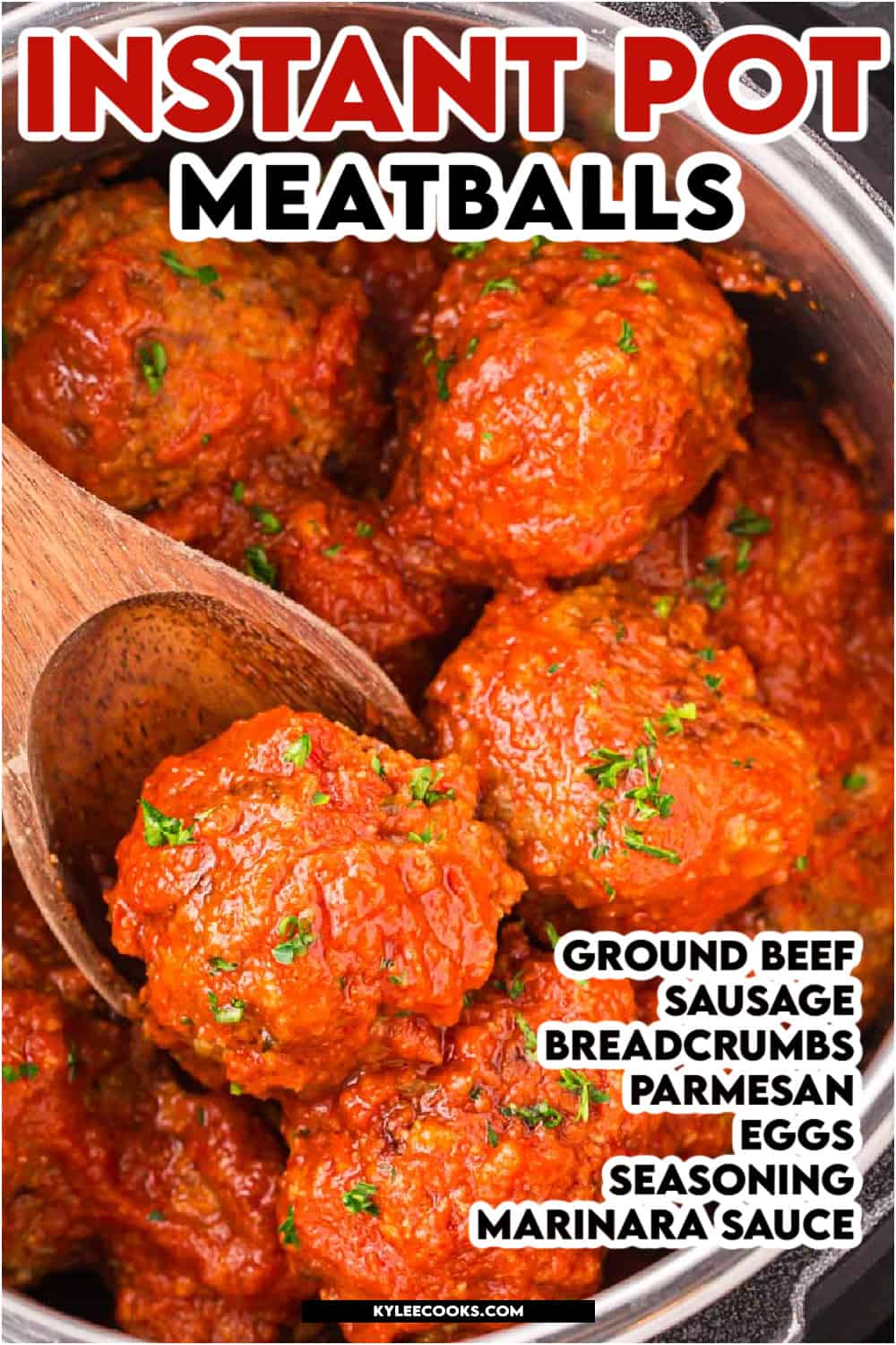 a meatball on a ladle, with recipe name and ingredients overlaid in text.