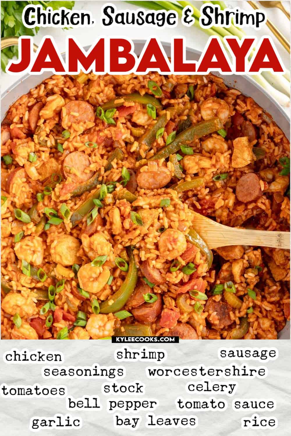 jambalaya on a spoon within a skillet, with recipe name and ingredients overlaid in text.