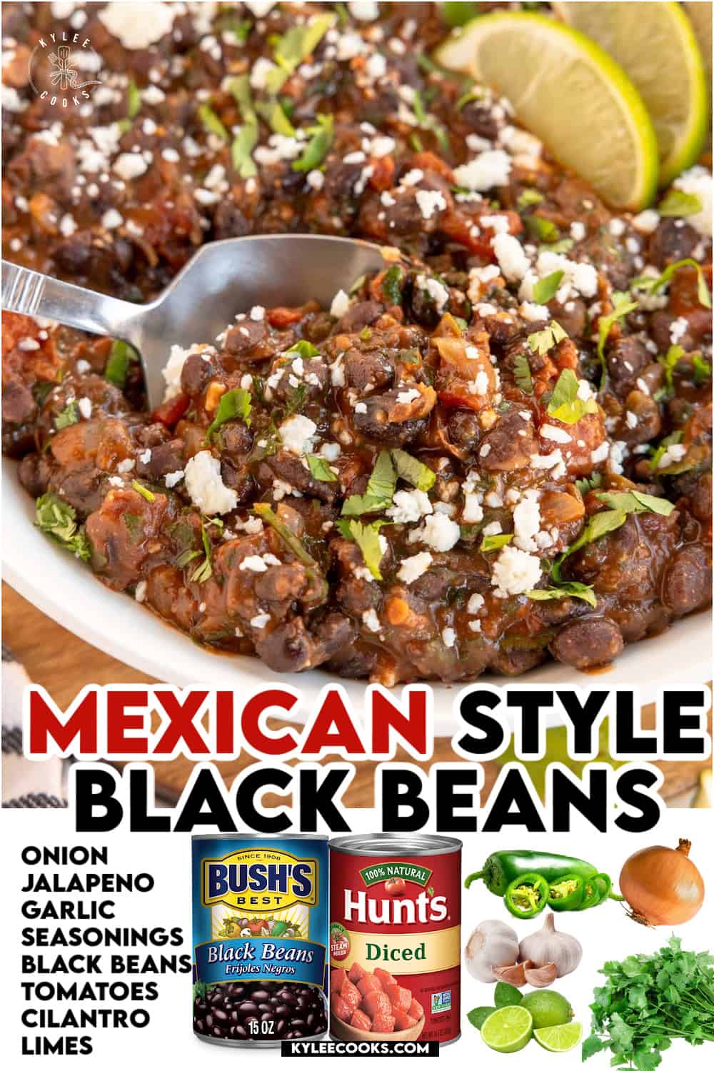mexican black beans in a bowl with a spoon, with recipe title and ingredients overlaid.