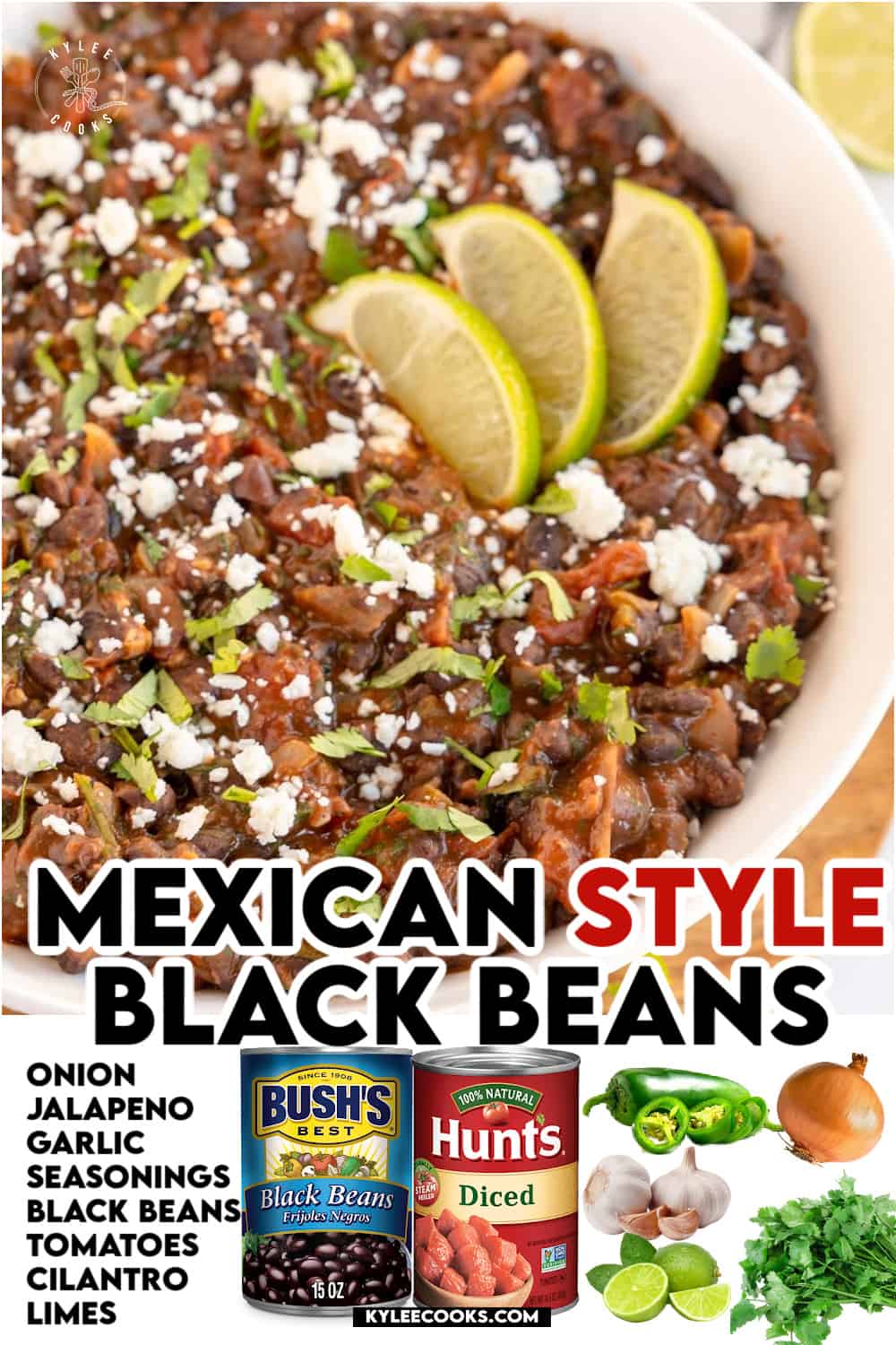 mexican black beans in a bowl with lime wedges, with recipe title and ingredients overlaid.