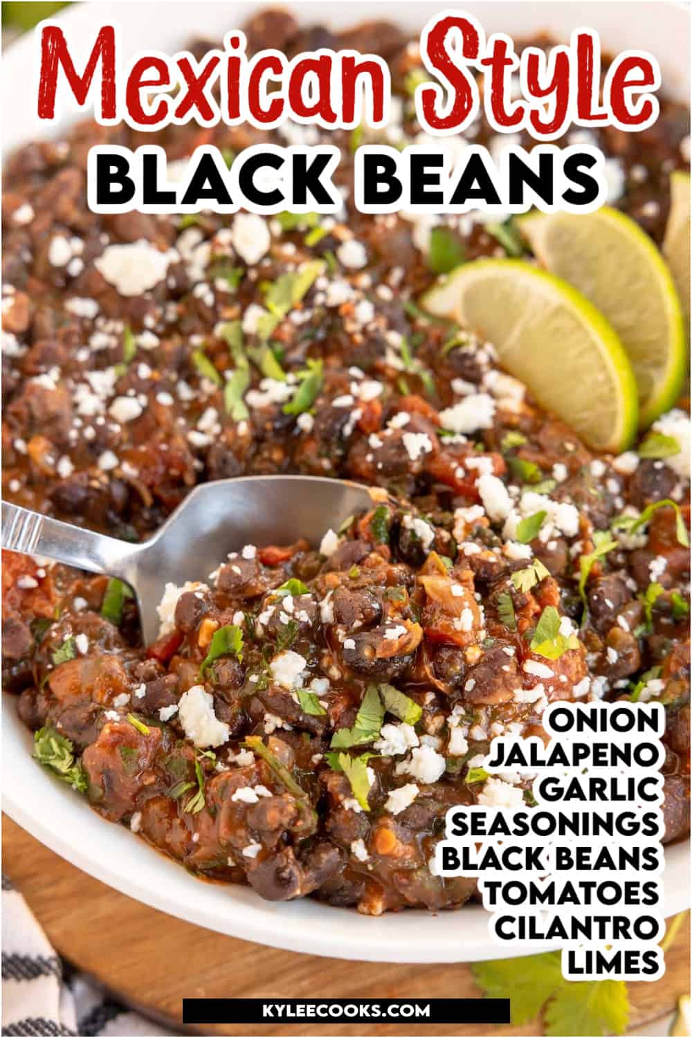 mexican black beans in a bowl with a spoon, with recipe title and ingredients overlaid.
