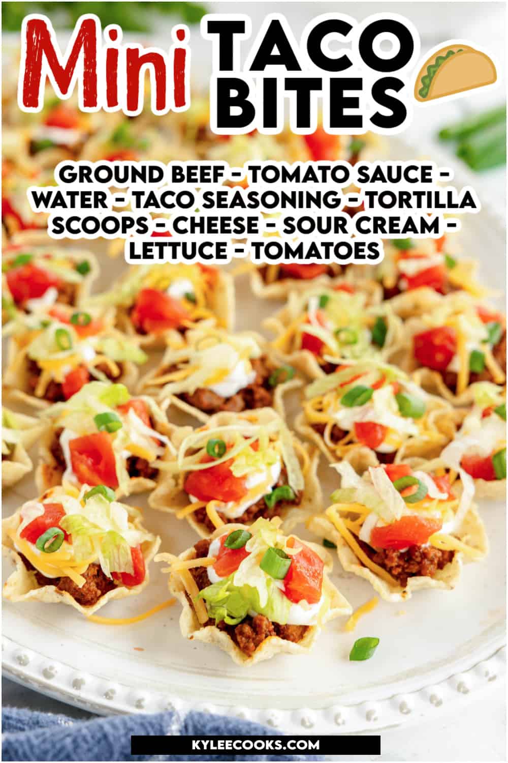 Taco bites on a white platter with recipe name and ingredients overlaid in text..