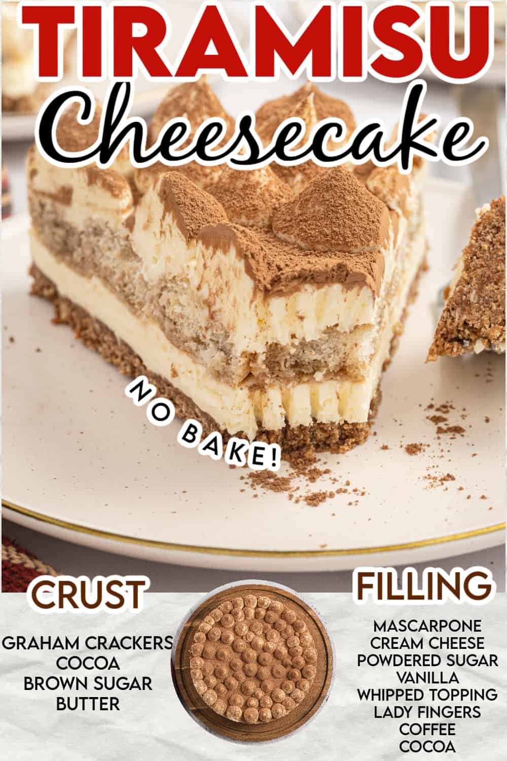 a slice of tiramisu cheesecake on a plate, with recipe and and ingredients overlaid in text.