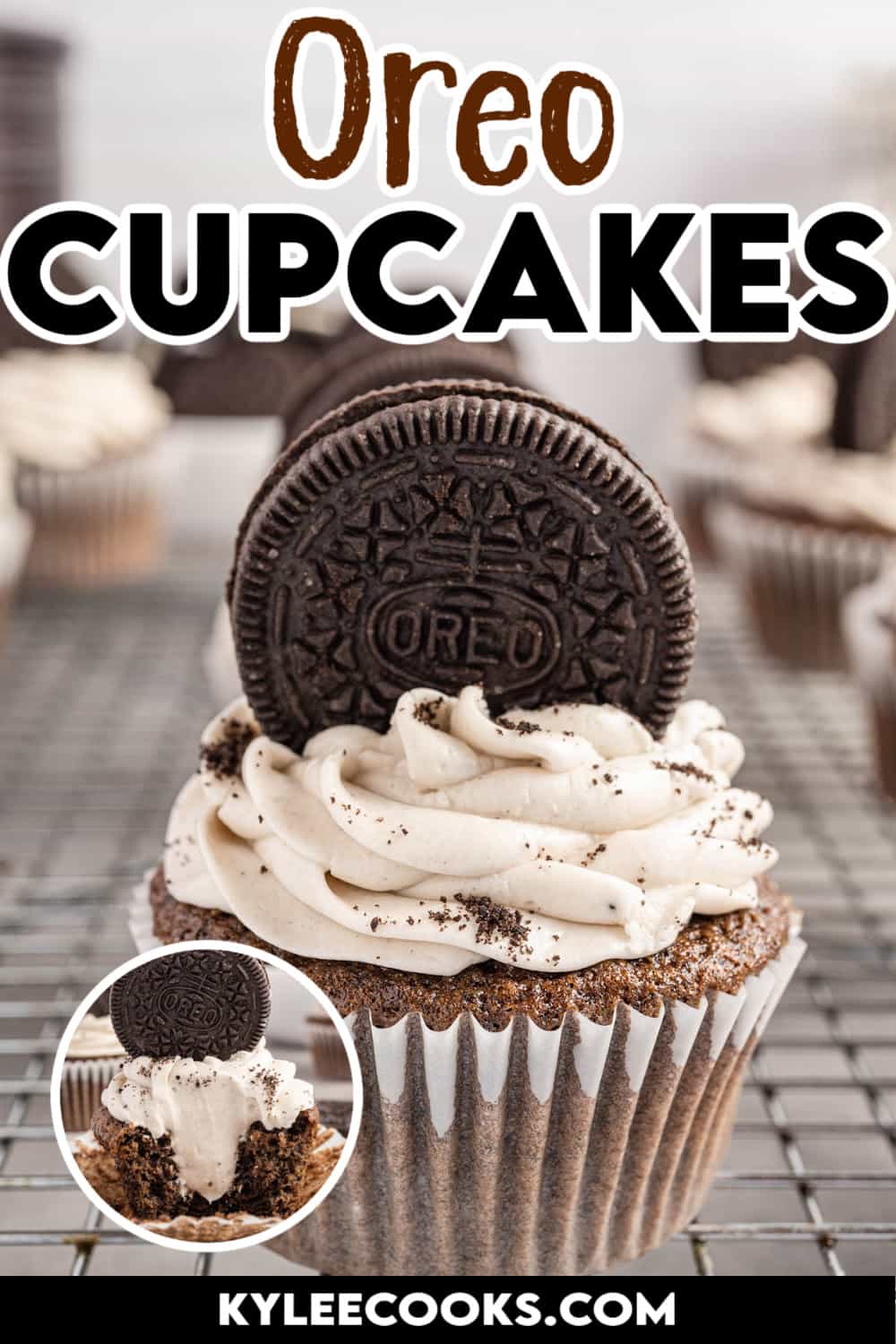 oreo cupcake with recipe name overlaid in text.