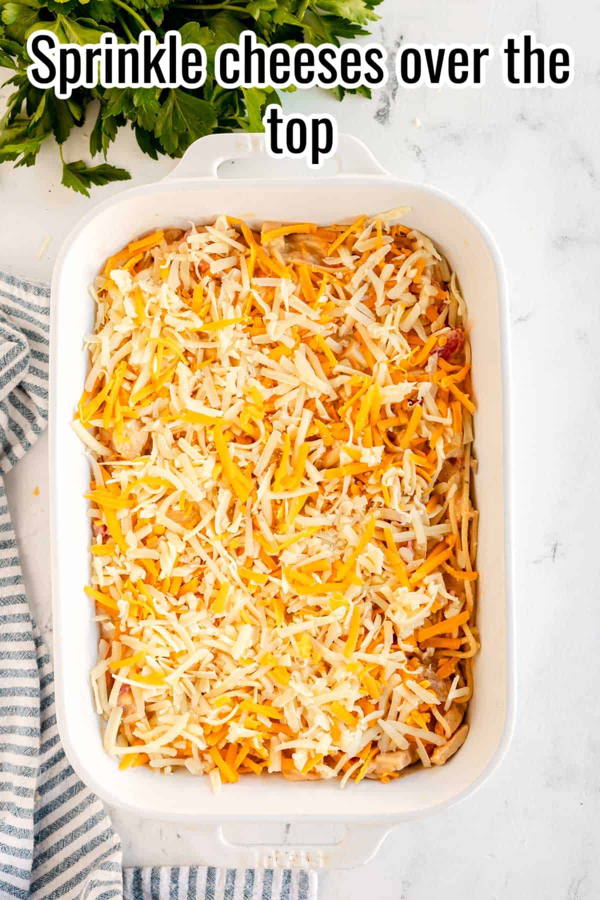 A creamy chicken casserole with cheese sprinkled over the top.
