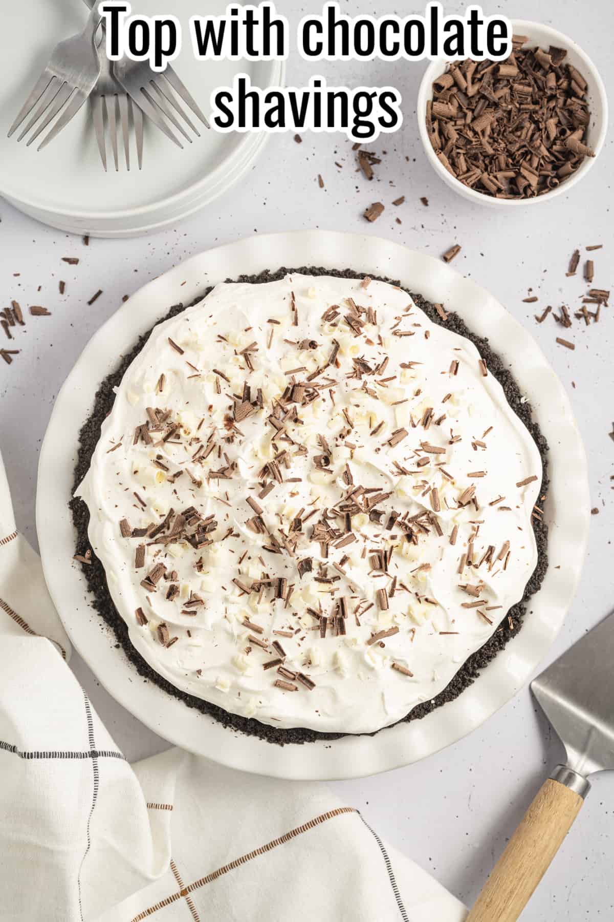 chocolate pie with cool whip and chocolate shavings.