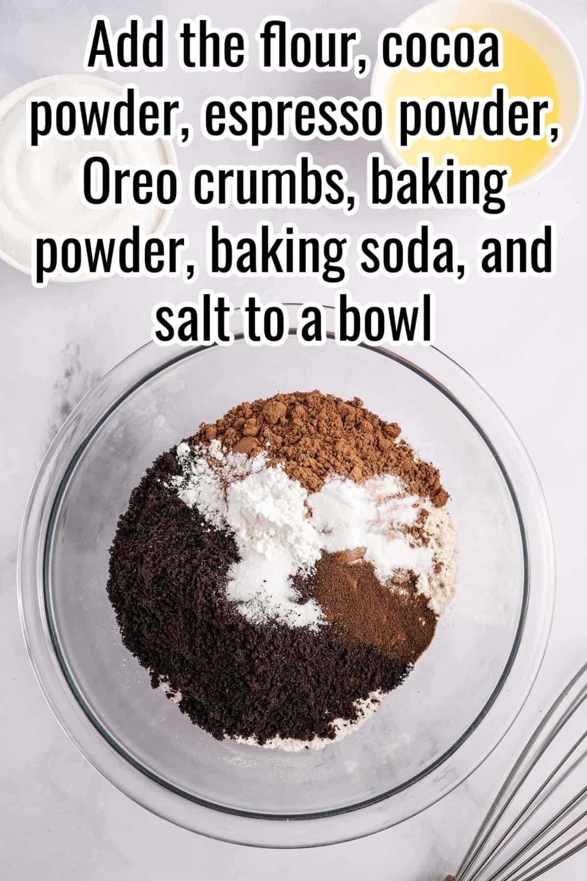 A bowl of ingredients with the words Add the flour, cocoa powder, espresso powder, baking soda and salt overlaid in text.