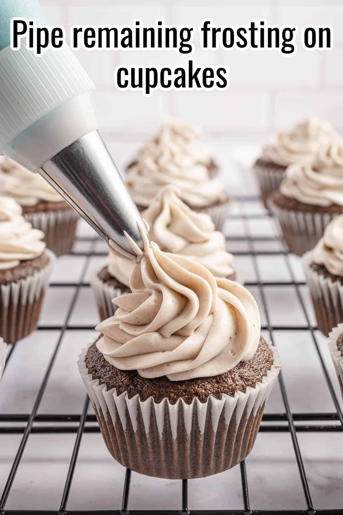 oreo cupcake being piped with frosting with words "Pipe remaining frosting on cupcakes" overlaid in text.