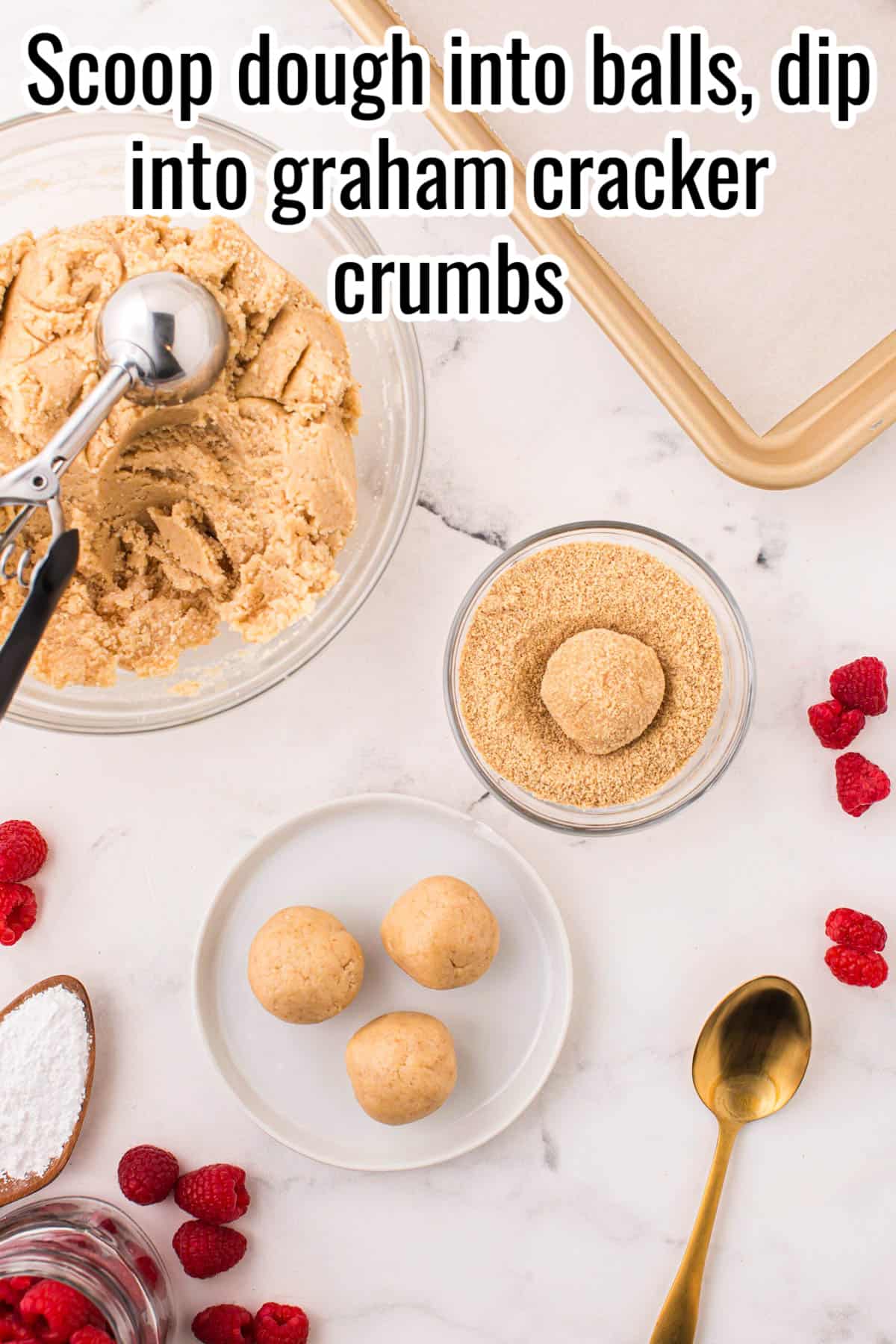cookie dough balls on a white plate, a bowl with graham cracker crumbs.