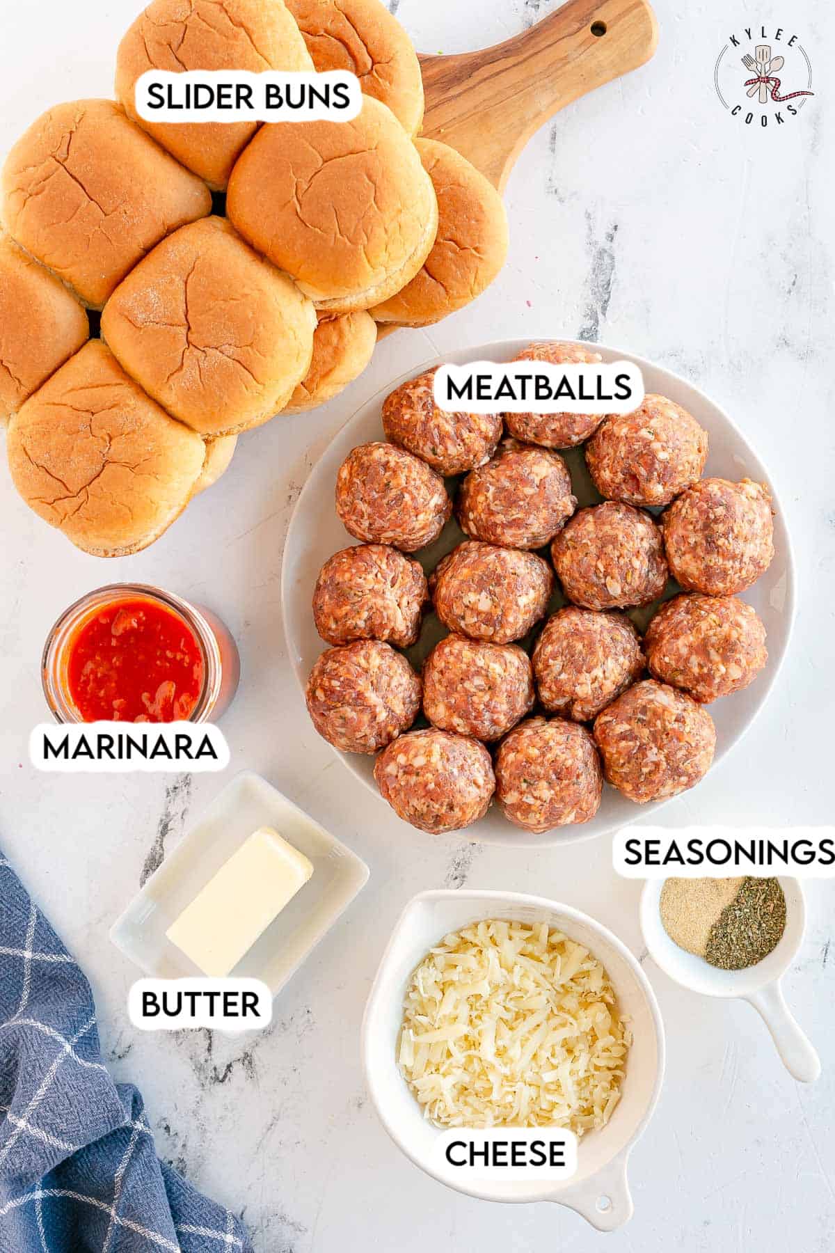 ingredients to make meatball sliders laid out and labeled.