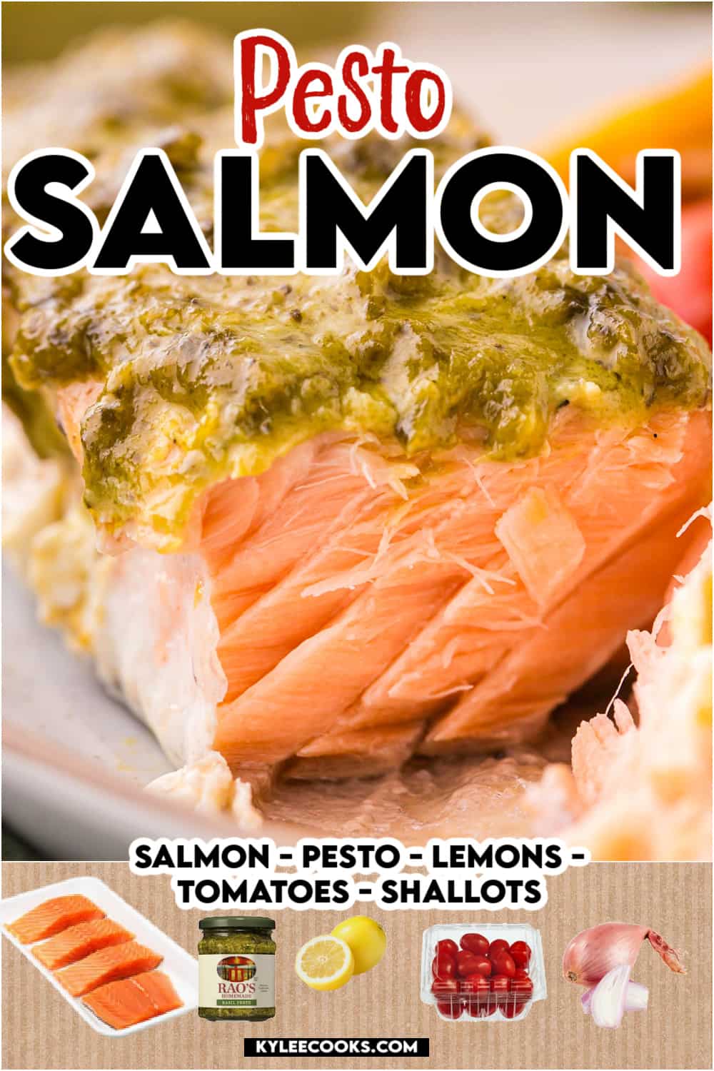 pesto salmon on a plate cut open, with recipe and and ingredients overlaid in text.