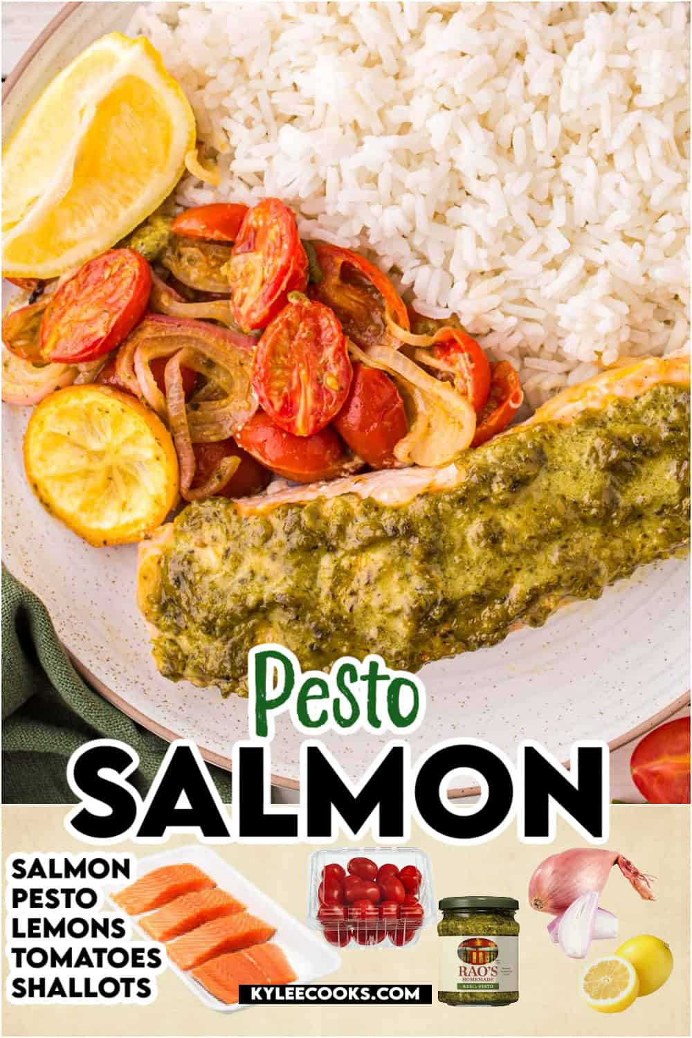 pesto salmon on a plate with rice, with recipe and and ingredients overlaid in text.
