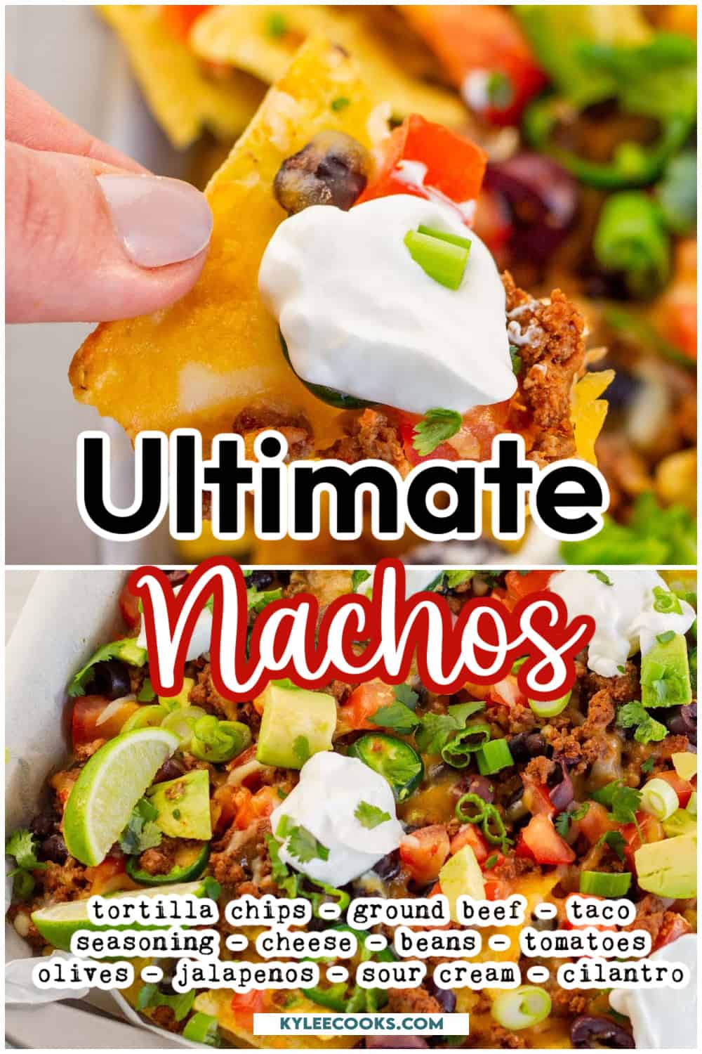 a hand with a nacho on it, recipe name and ingredients overlaid in text.